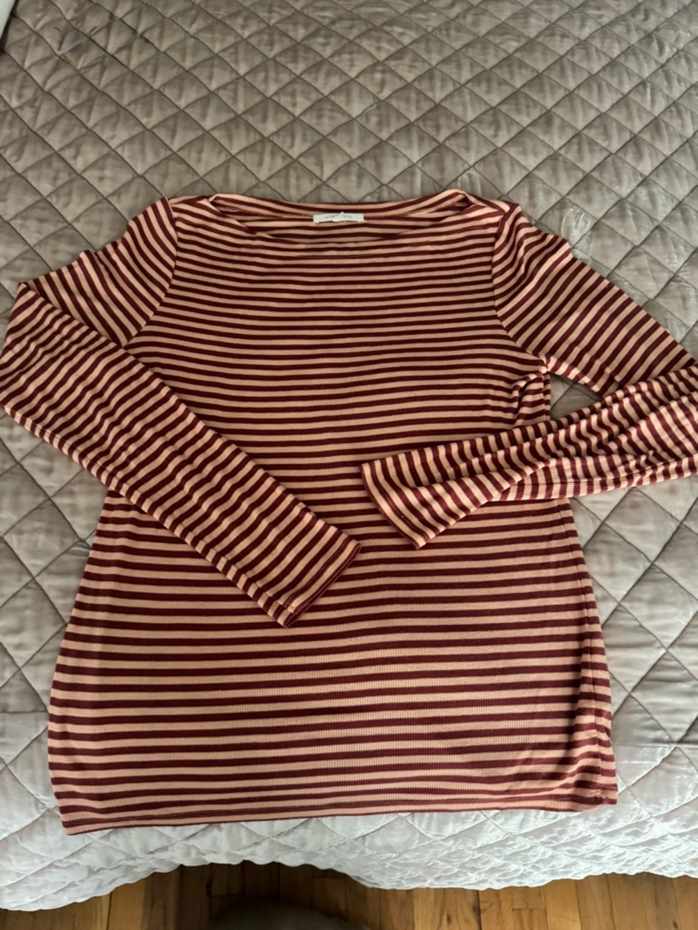 Striped Long-Sleeve Boatneck Top in Rust and Cream